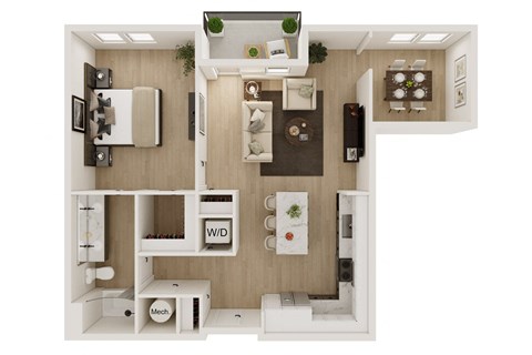 Floor plan for 1 bed, 1 bath, 855 sqft